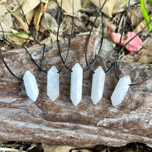 White Glowing DISCOUNTED Moonstone Crystal Pendant Cotton Cord Necklace-White Gemstone-Men's Gift-Women's White Gray Stone Adjustable Knot