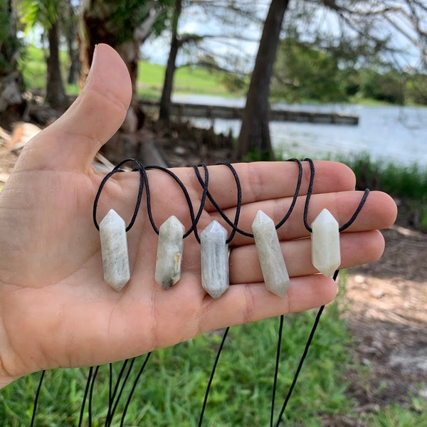 Small White Glowing Natural Moonstone Crystal Pendant Cotton Cord Necklace-White Gemstone-Mens Gift-Women's White Gray Stone Adjustable Knot