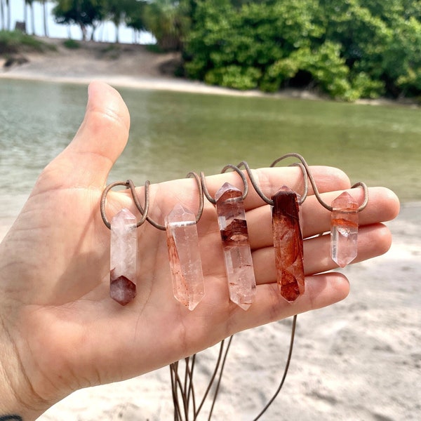 Strawberry Hematoid Quartz Crystal Point Pendant Leather Necklace-Women Gift Jewelry-Mens Gift-Boho Crystal Necklace-Pink Gemstone-Pink Rose