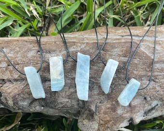 Raw Aquamarine Crystal Slab Stone Pendant Cotton Cord Necklace-Stone of The Sea-Men's Gift-Women's Gfit-Aquamarine Jewelry-Turquoise Stone