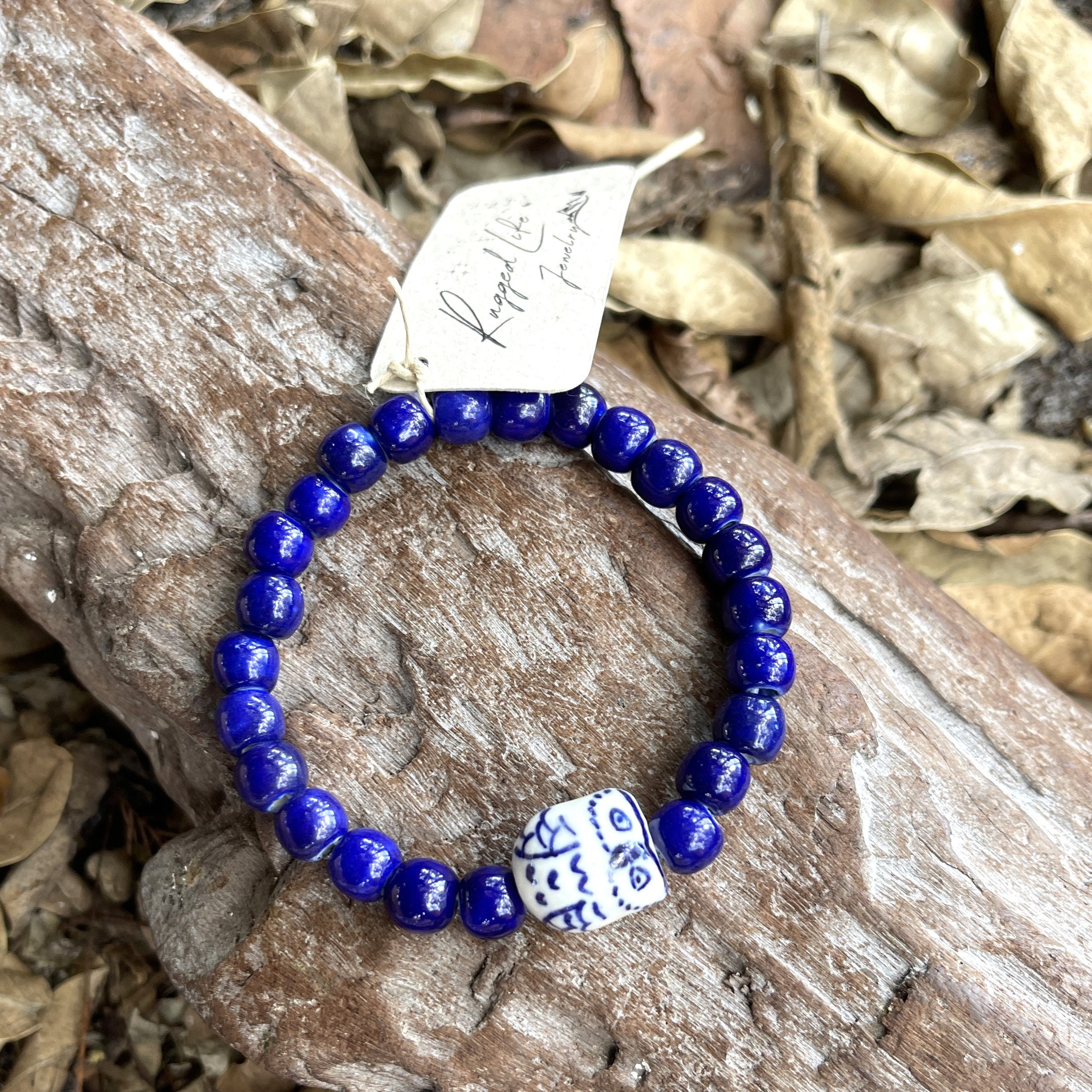 Handmade Owl Ceramic Navy Blue Beaded Elastic Bracelet Girls Womens Gift Handstrung Birthday Mothers