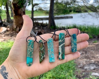 Turquoise Imperial Jasper Slab Pendant Crystal Cotton Necklace-Men&#39;s Gift-Women&#39;s Boho-Teal-Royal Blue Necklace-Green Stone Necklace