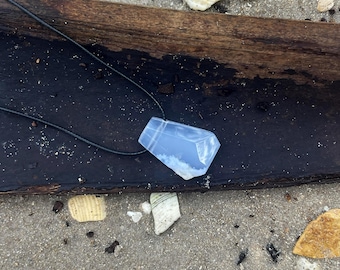 Blue Chalcedony Trapezoid Crystal Gemstone Adjustable Cord Necklace-Baby Blue Stone-Mens Gift-Womens Necklace-Lace Agate Jewelry-Blue Boho