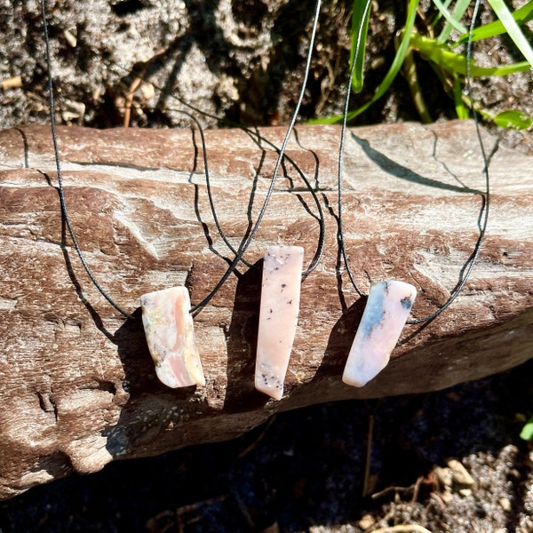 Raw Pink Peruvian Opal Slab Crystal Pendant Cotton Natural Necklace-Men's Pink Stone Necklace Gift Idea-Women's Pink Surfer Necklace-Boho