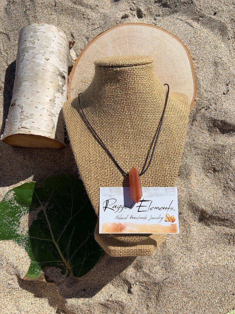 Carnelian Crystal Gemstone Points on Leather Necklace-Orange gemstone-Red Crystal-Orange-Men/'s Gift-Surfer Necklace-Men/'s Jewelry-Woman Gift