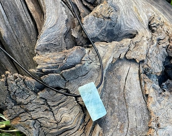 TideBreak~Raw Aquamarine Stick Pendant Blue Crystal Leather Necklace-Men's Gift-Birthstone-Blue Gem-Surfer Pendant-Genuine March Turquoise