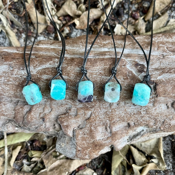 Green Surfer Amazonite Chunk Black Cotton Necklaces-Turquoise Rock-Small Pendant-Green Necklace-Teal-Turquoise Stone-Blue Green Crystal Mens