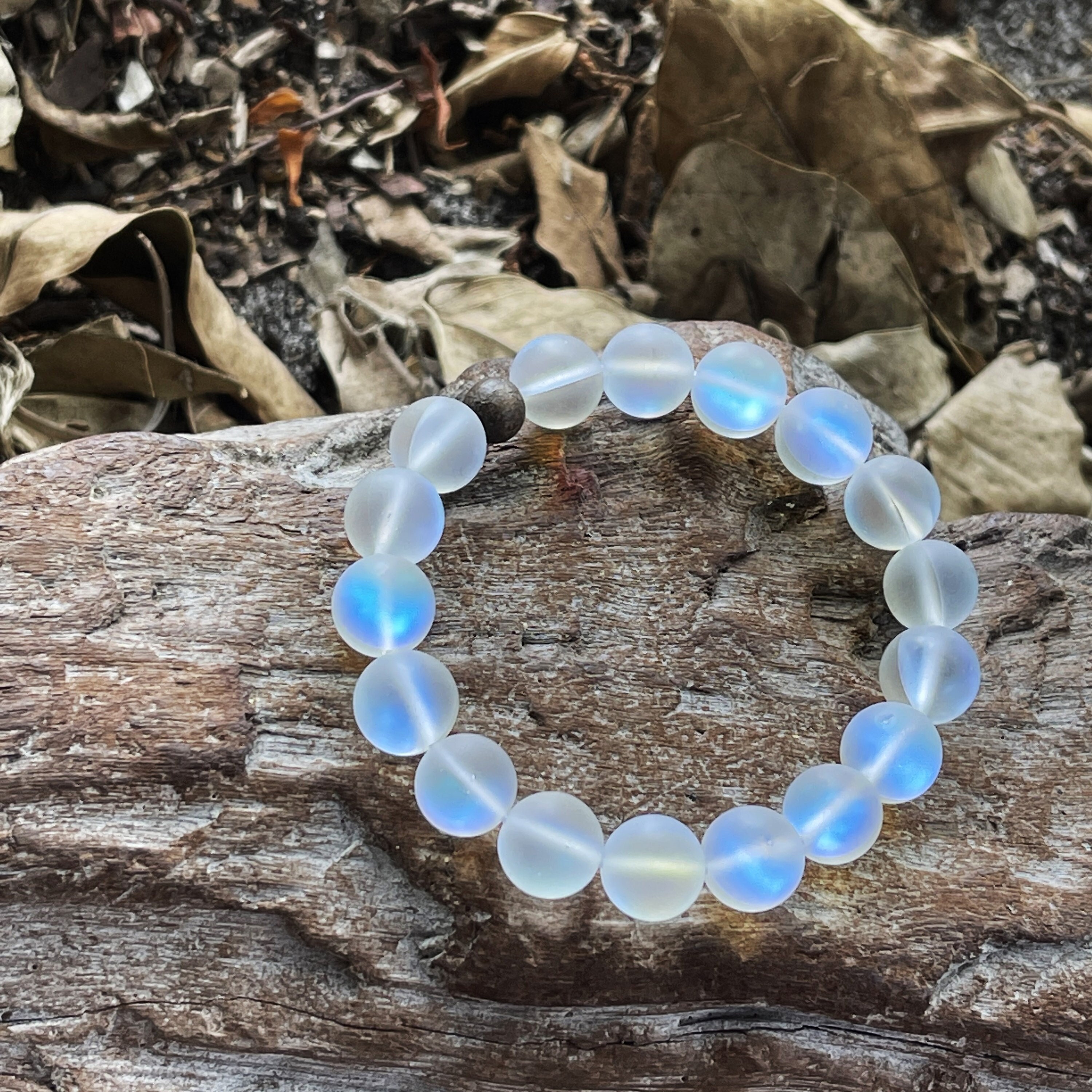 Opal Moonstone Matte Aura Glow Blue Beaded Elastic Bracelet - Main Image