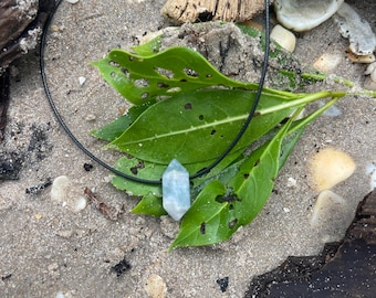 Small Aquamarine Crystal Pendant Cotton Cord Necklace-Men's Gift-Women's Gift-Blue stone-Blue Rock-Gemstone-Handmade-Turquoise