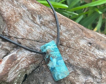 New Blue Ocean Jasper Crystal Slab Pendant Brown Leather Necklace-Women Jewelry-Men's Gift-Natural-Boho Chic-Surfer Necklace-Blue Crystal