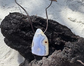 Blue Lace Agate Natural Chalcedony Graduated Crystal Gemstone Men's Gift Chunky Leather Necklace Women's Boho Adjustable Jewely