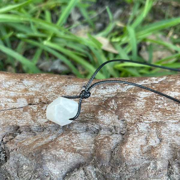 White Moonstone Nugget Glow Crystal Pendant Cotton Cord Necklace-White Gemstone-Men's Gift-Womens White Gray Stone Adjustable White Rock Gem