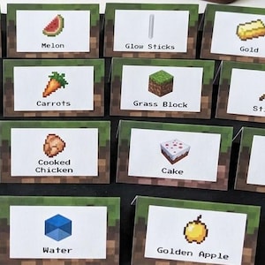 May include: A collection of Minecraft-themed cards, each featuring a pixelated image and a corresponding label. Items include cookies, redstone, melon, glow sticks, gold, potions, copper, carrots, grass block, sticks, iron, cooked chicken, slimeballs, cake, diamond, baked potatoes, water, and a golden apple.