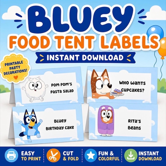 Bluey Inspired Food Tent Labels • Printable Birthday Party Decorations (Instant Download)