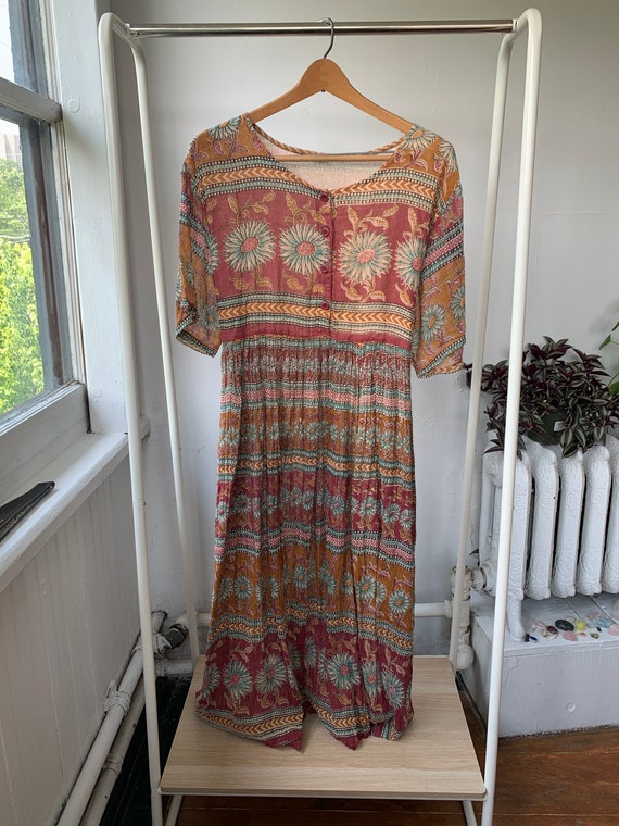 1970’s Indian Cotton Dress Sunflower Motifs