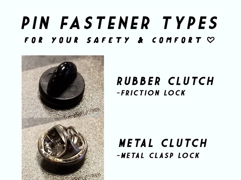 Op de afbeelding: Twee soorten pin-sluitingen: een zwarte rubberen koppeling met een frictievergrendeling en een zilveren metalen koppeling met een metalen sluiting. PIN FASTENER TYPES FOR YOUR SAFETY & COMFORT