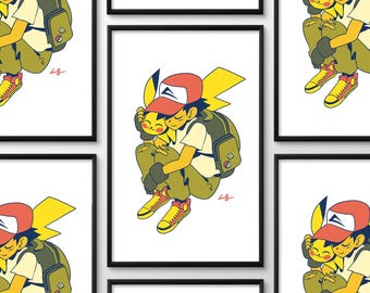 May include: A framed art print featuring a cartoon illustration of a character wearing a red and white cap, a cream shirt, and olive green pants, hugging a yellow Pikachu. The character carries a green backpack with a small circular emblem.