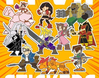 May include: A sheet of stickers featuring characters from Final Fantasy VII. The stickers are in a cartoon style with bold outlines and bright colors. The text "FFVII" and "STICKERS" are displayed in white block letters on a yellow and orange background.