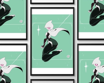 Peut inclure: Une impression d'art encadrée représentant une illustration stylisée d'un personnage en costume blanc à capuche avec des accents noirs et des lentilles oculaires roses. Le personnage est dans une pose dynamique sur un fond vert menthe uni.