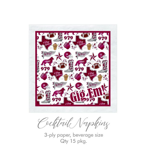 Texas A&M Cocktail Napkins, Aggie Napkins, 3 Ply Napkin, Set of 15, Officially Licensed