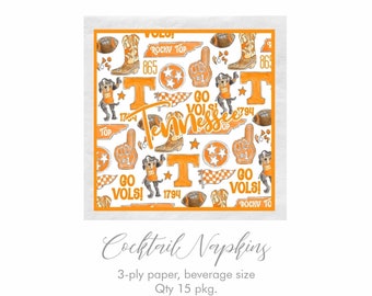 Tennessee Cocktail Napkins, 3 Ply Paper Napkin, Qty 15 pkg, Game Day Ready, Go Vols