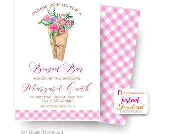 Inbjudan till bukettbar, inbjudan till blomsterfest, digital nedladdning, direktåtkomst, redigerbara inbjudningar