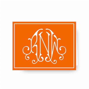 May include: Orange card with a white monogram of the letters "BNW" in a decorative script font.