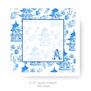 Blue Chinoiserie Stationery,  Blue Chinoiserie Notepad, Personalized Stationery, Monogrammed Stationery, 100 Sheet Notepad, Blue Pagoda