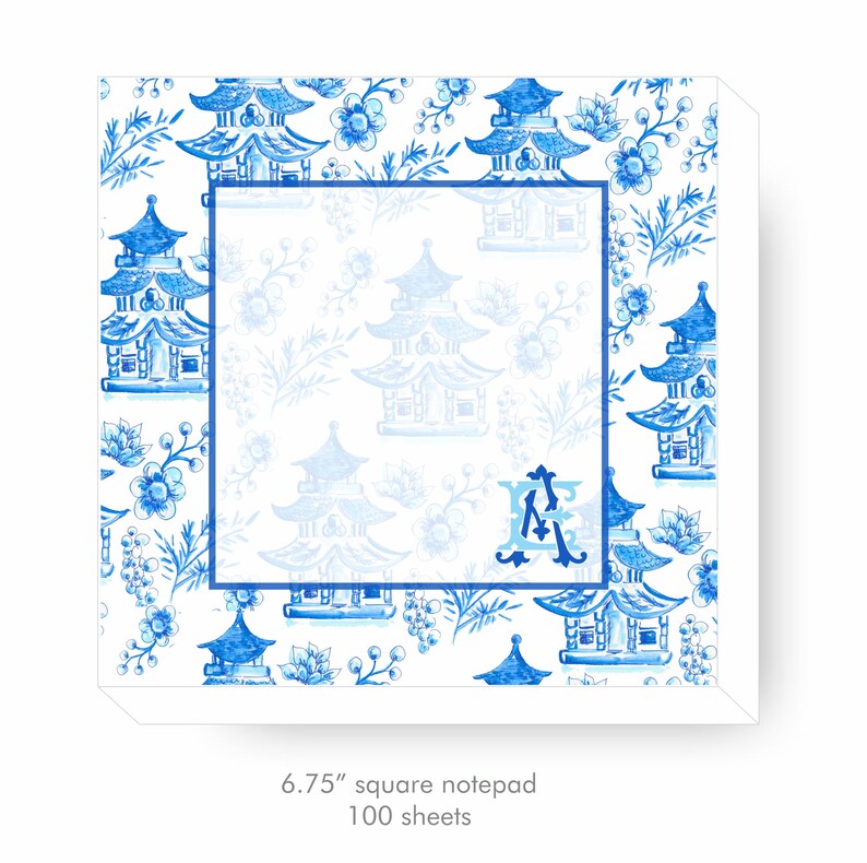 May include: Blue and white notepad with a repeating pattern of pagodas and floral designs. The notepad has a white border and the initials "EA" in blue. The notepad is 6.75 inches square and has 100 sheets.