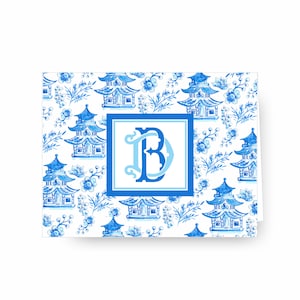 May include: Blue and white patterned stationery card with a blue monogram "B" in a square frame. The pattern features a repeating design of Chinese pagodas and floral motifs.