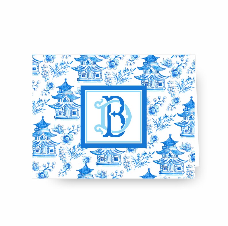 May include: Blue and white patterned stationery card with a blue monogram "B" in a square frame. The pattern features a repeating design of Chinese pagodas and floral motifs.