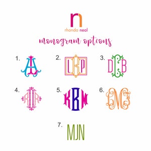 May include: Seven different monogram options are shown. The options are numbered 1 through 7. The monogram options include a variety of fonts, styles, and colours. The text "rhonda neal" and "monogram options" are also shown.