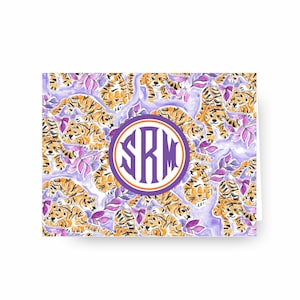 Personalized Tiger Notecards: Purple & Orange Watercolor Monogram