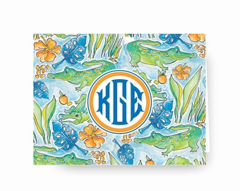 Personalized Gator Stationery: Watercolor Alligator Monogram Notecards