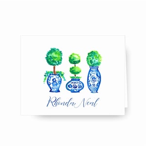Blue Chinoiserie Topiary Trio Notecards, Personalized Stationery, Monogrammed Stationery, Monogrammed Cards, Blue and White, Topiary
