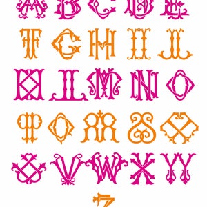 May include: An alphabet of decorative letter designs in pink and orange. Each letter is a unique, ornate design.