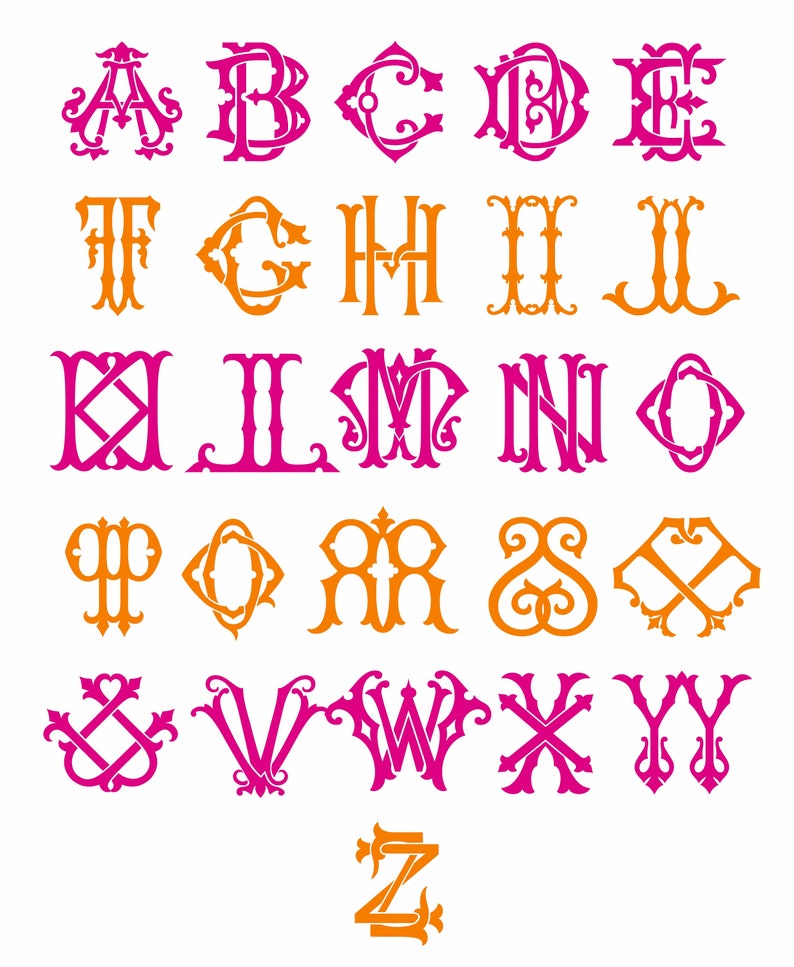 May include: An alphabet of decorative letter designs in pink and orange. Each letter is a unique, ornate design.