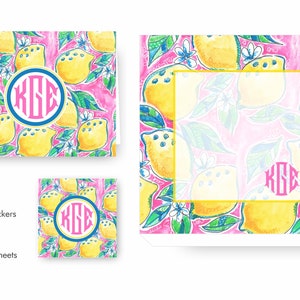 Personalized Note Cards Gift Set, Monogrammed Notecards Gift Set, Interlocking Monogram, Lemon Stationery, Preppy Note Card Gift Set