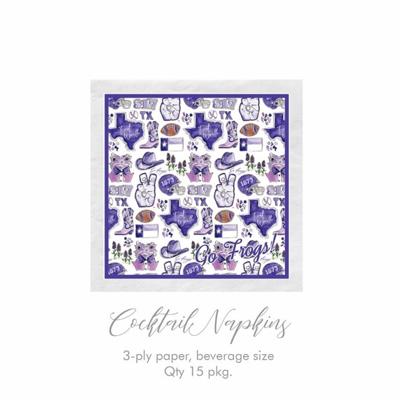 TCU Cocktail Napkins, 3 Ply Paper Napkin, Qty 15 pkg, Game Day Ready, Horned Frogs