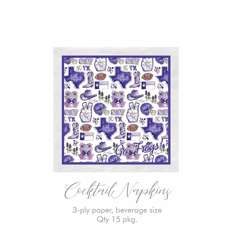 May include: White cocktail napkins with a repeating pattern of purple Texas-themed illustrations. The design includes the Texas state outline, cowboy boots, footballs, and the words "Go Frogs!" and "1873". The napkins are 3-ply paper, beverage size.