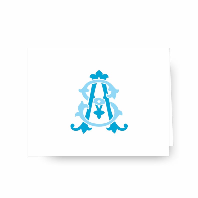 May include: A blue and light blue monogram with the letters "SA" in a decorative, ornate font.