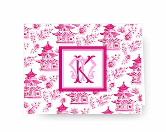 Pink Chinoiserie Notecards, Personalized Stationery, Monogrammed Stationery, Monogrammed Cards, Pink and White, Pink Pagoda