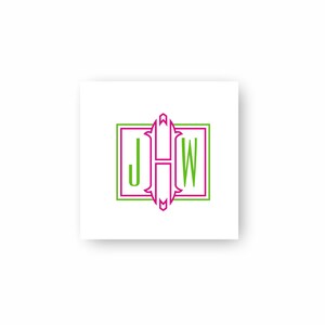 May include: A monogram with the letters "JHW" in a pink font inside a green square frame.