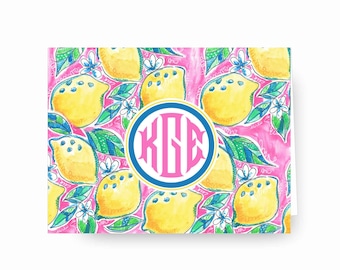 Personalized Note Cards, Monogrammed Notecards, Interlocking Monogram, Lemon Stationery, Preppy Note Card