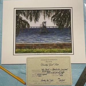 Pu&ograve; includere: Un certificato di autenticit&agrave; per un dipinto intitolato "The Shack - Mandeville, Louisiana" di Dorothy Gail Scott. Il dipinto &egrave; una stampa gicl&eacute;e su carta fine art Moab brillante, che misura 25,4 cm x 30,5 cm.