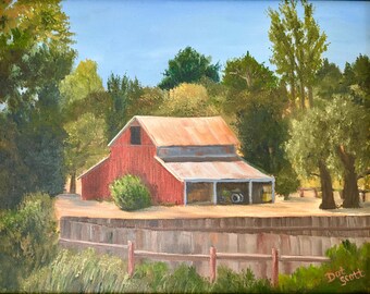 California Barn Oil Painting: Framed Red Barn Landscape Art (11”x14”) canvas