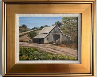 California Barn Oil Painting: Framed Poppies Landscape Art (9x12”) canvas panel