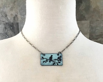 Handpainted Bird Necklace: Enameled Copper Artisan Jewelry