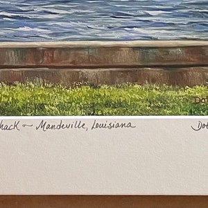 Pu&ograve; includere: Un dipinto incorniciato che rappresenta una scena sul lungomare con un molo di legno, erba verde e acqua blu. Il dipinto &egrave; firmato "Dot Scott" e intitolato "The Shack - Mandeville, Louisiana".