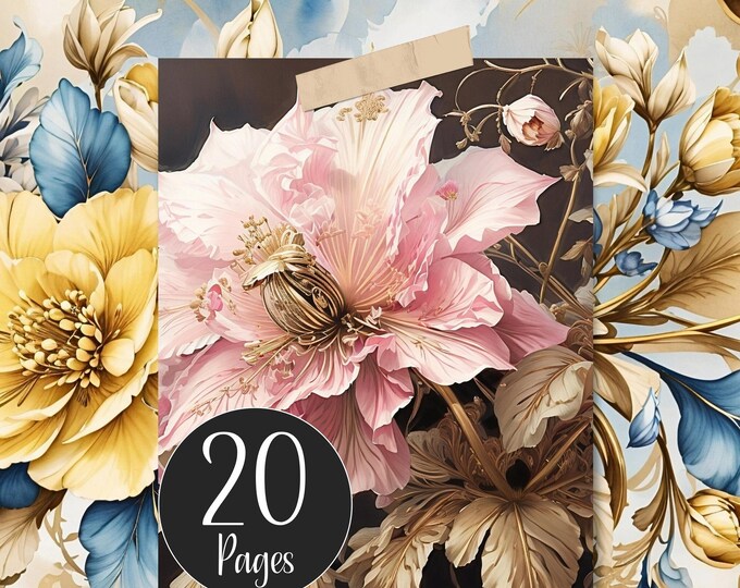 Printable Digital Paper Floral Mix and Complementary Background Pages for Junk Journal Backing Papers Flower Washi Tape Printable